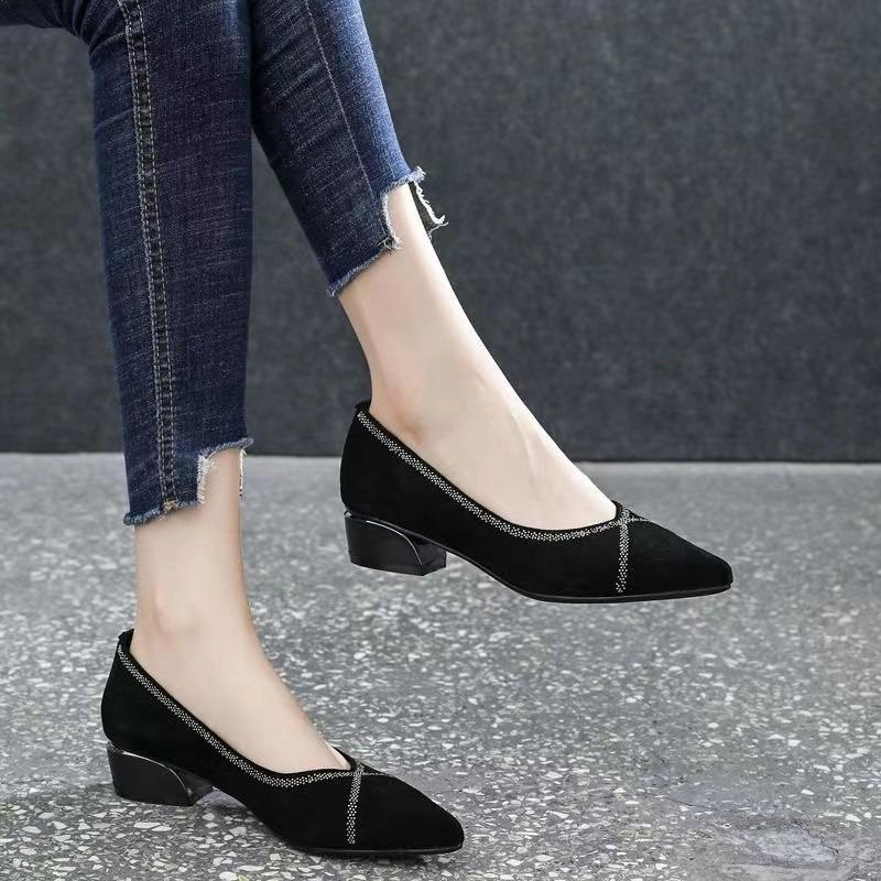Shallow Single Shoes Rhinestone Women's Spring and Autumn New Pointed Thick Heel Mother Shoes Suede Low Heel Comfortable Mesh Women's Shoes