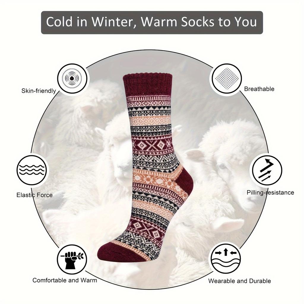 Women's Winter Warm Socks 5 Pair Set - Geometric Pattern, Thick Knitted, Soft Polyester and Spandex Blend, Elastic and Comfortable