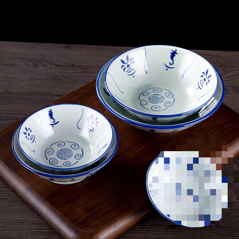 Vintage Ceramic Blue & White Bamboo Flower Bowl - Rustic Farmhouse Tableware, Ideal for Rice & Noodles