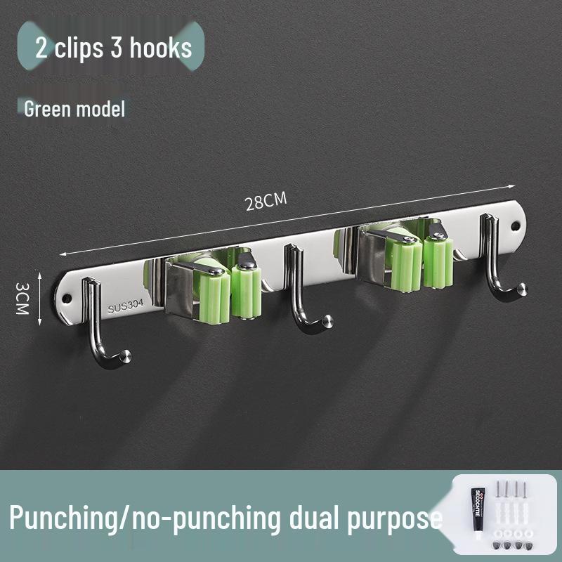 Stainless Steel Punch-Free Mop Holder with Black & Green Clips for Bathroom or Balcony Storage