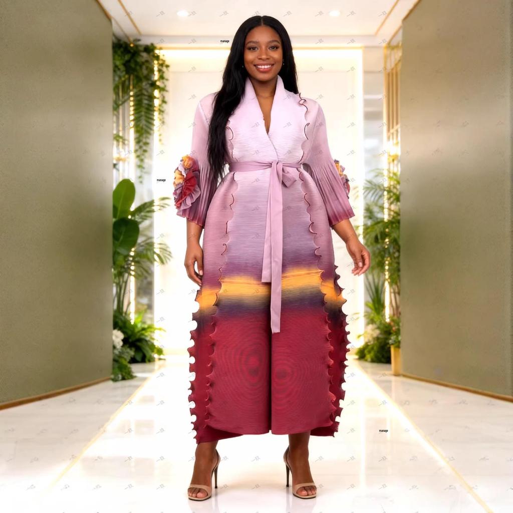 Miyake Women's Tie-Waist Gradient Ruffled Long Coat and Skirt Set - Ideal for Spring and Autumn