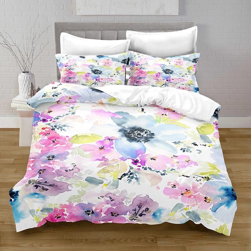 Flowers Duvet Cover King Queen Watercolor Floral Bedding Set Colorful Flowers Green Leaf Bird Polyester Quilt Cover for Women