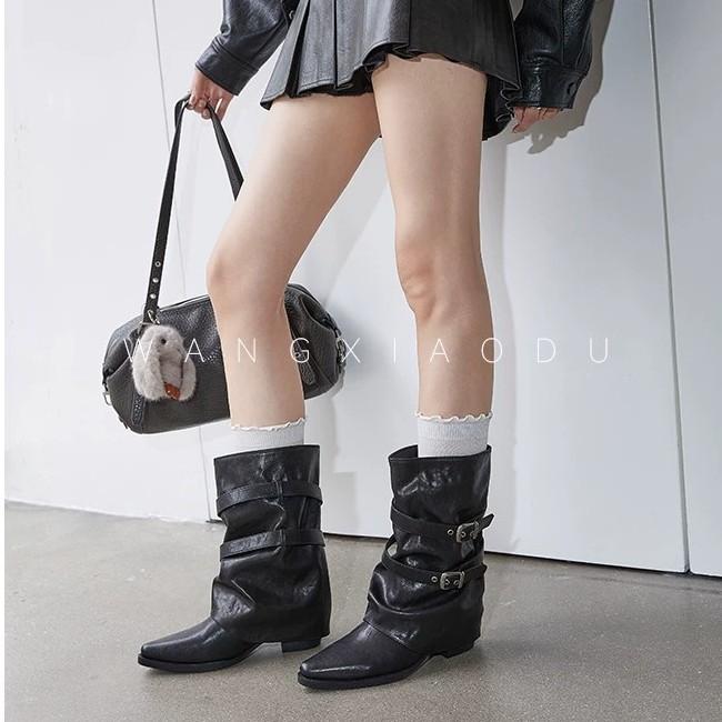 Light Punk Style Pleated Pile Boots Women'S Autumn Pointed Thick Heel Belt Buckle Medium Tube Knight Boots Women