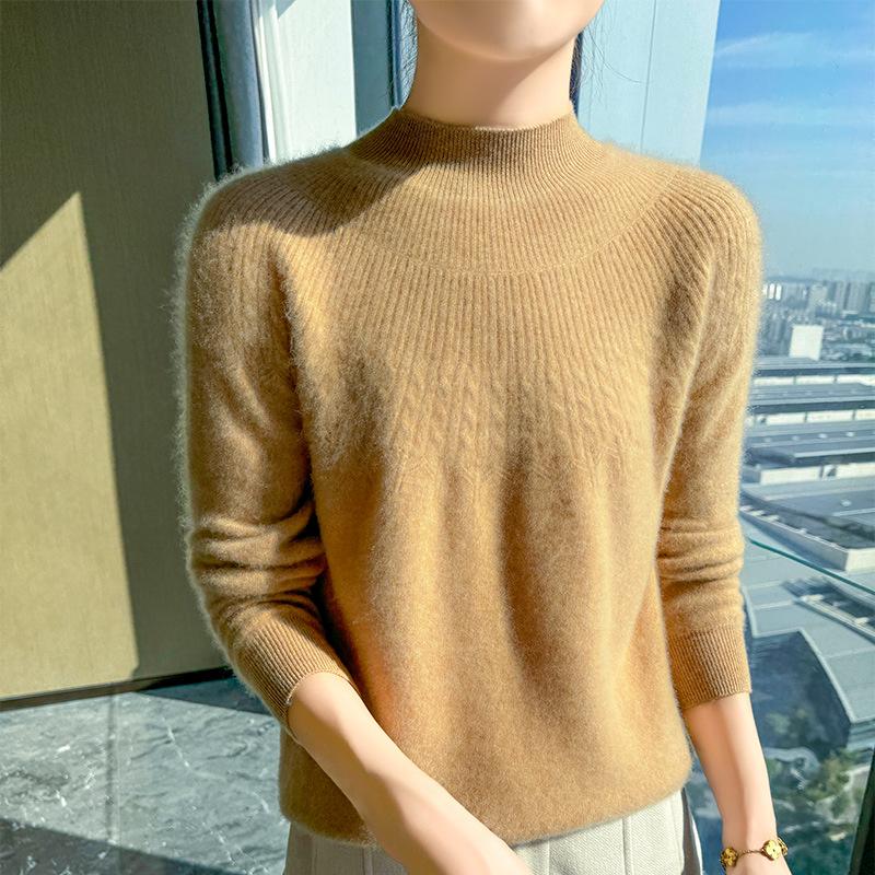 2024 Autumn/Winter Women's Thick Wool Knitwear: Solid Color Jacquard Half-Turtleneck Loose Base Layer Sweater