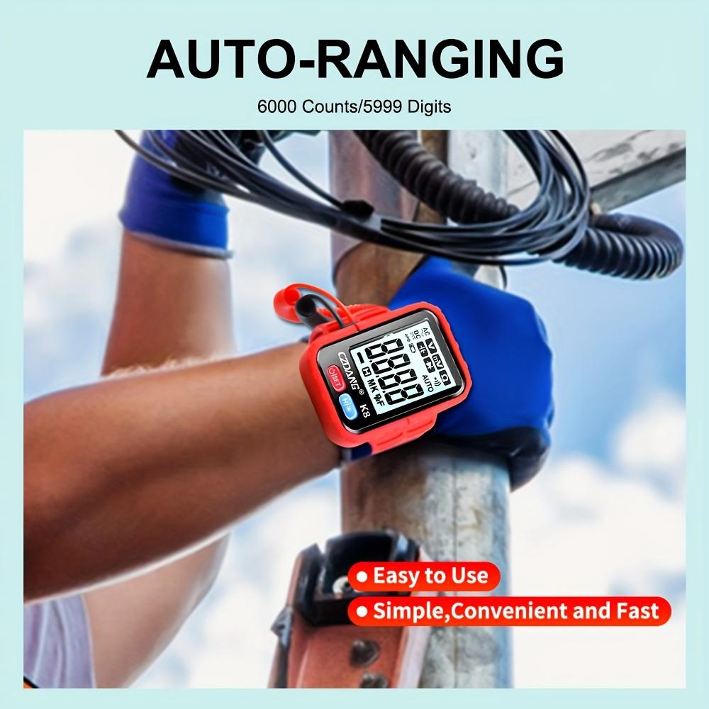 Bracelet portable de style mini avec un testeur multimètre numérique qui peut mesurer la tension continue, la tension alternative, la résistance et la continuité.
