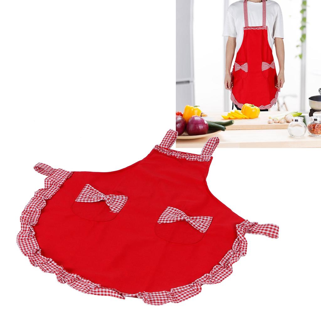 Cute Vintage Women Apron Bowknot Lace Decoration with Pocket for Kitchen Cooking SuppliesRed