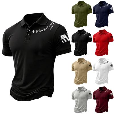 Men's Short Sleeve Polo Shirt with Letter Print Turn Down Collar Button Up Casual Classic Fit Top for Everyday Wear
