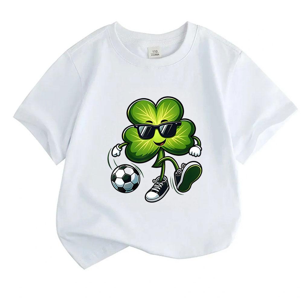 Kids Boys Girls 100% Cotton Crew Neck Short Sleeve T-Shirt, Cool Four Leaf Clover Sunglasses Soccer St Patricks Day Cartoon Print Casual Cute Sport Te