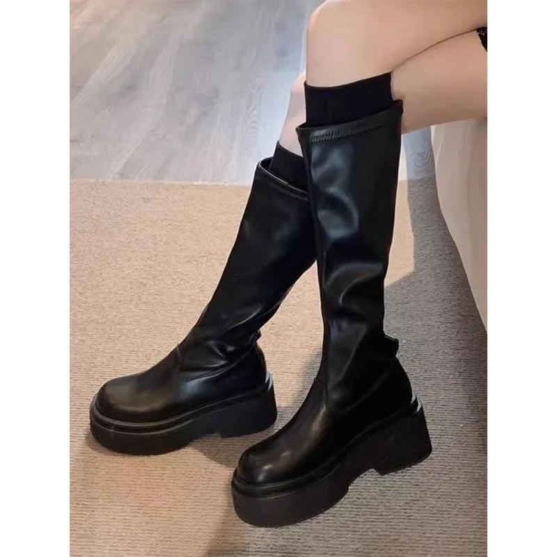 Women'S  New-Arrival Autumn/Winter Knight Boots Rubber Leather Riding Boots Elastic Slimming Boots