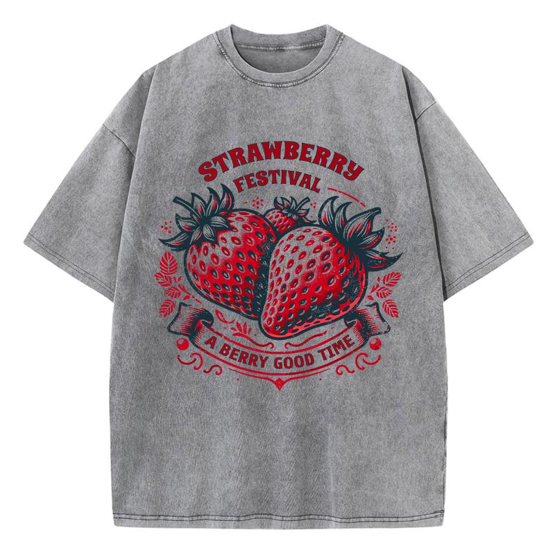 Strawberry Estival A Berry Good Time Prints Washed TShirt Women Cotton Tops Street Comfortable ONeck T Shirt Summer Clothes