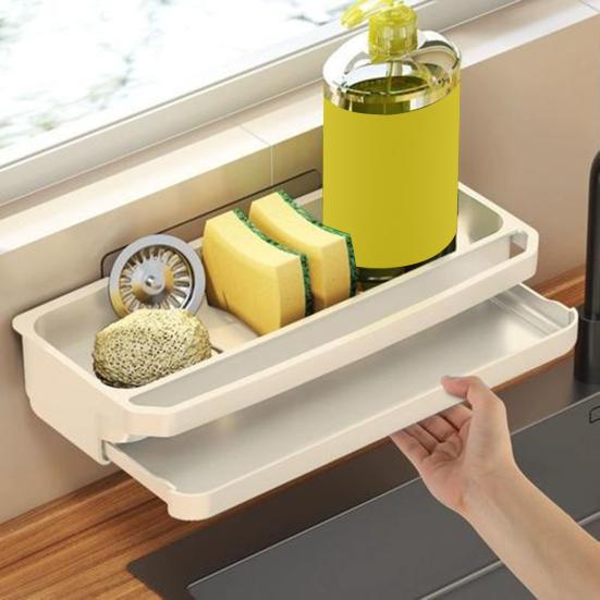 Sink Drain Rack with Hanging Rod Chopstick Holder Rust-Resistant Simple Installation Kitchen Countertop Organizer with Removable Tray