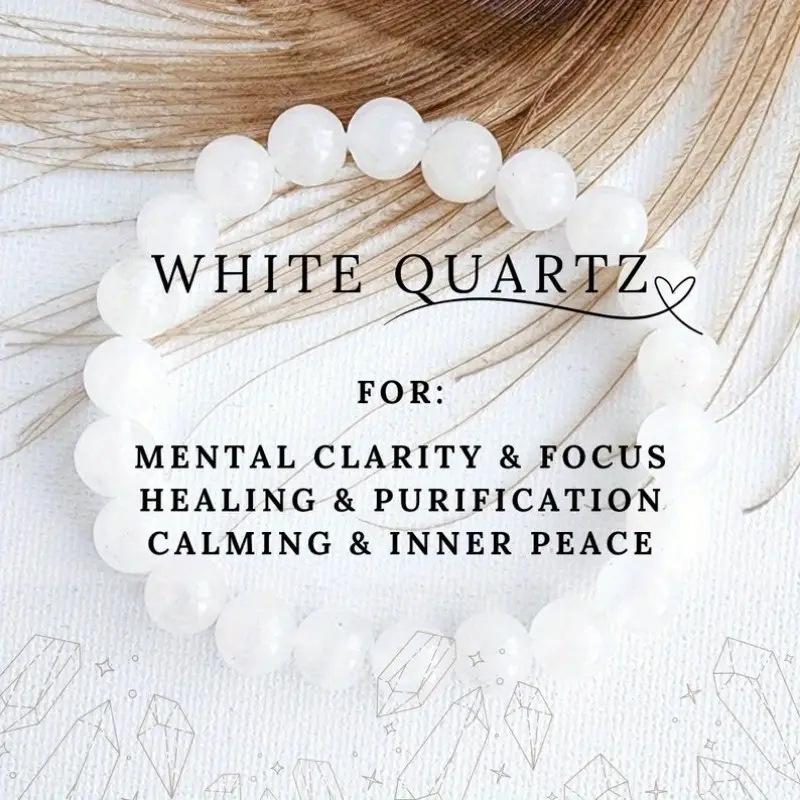 Браслет ручной работы из натурального белого кварца на резинке Glass