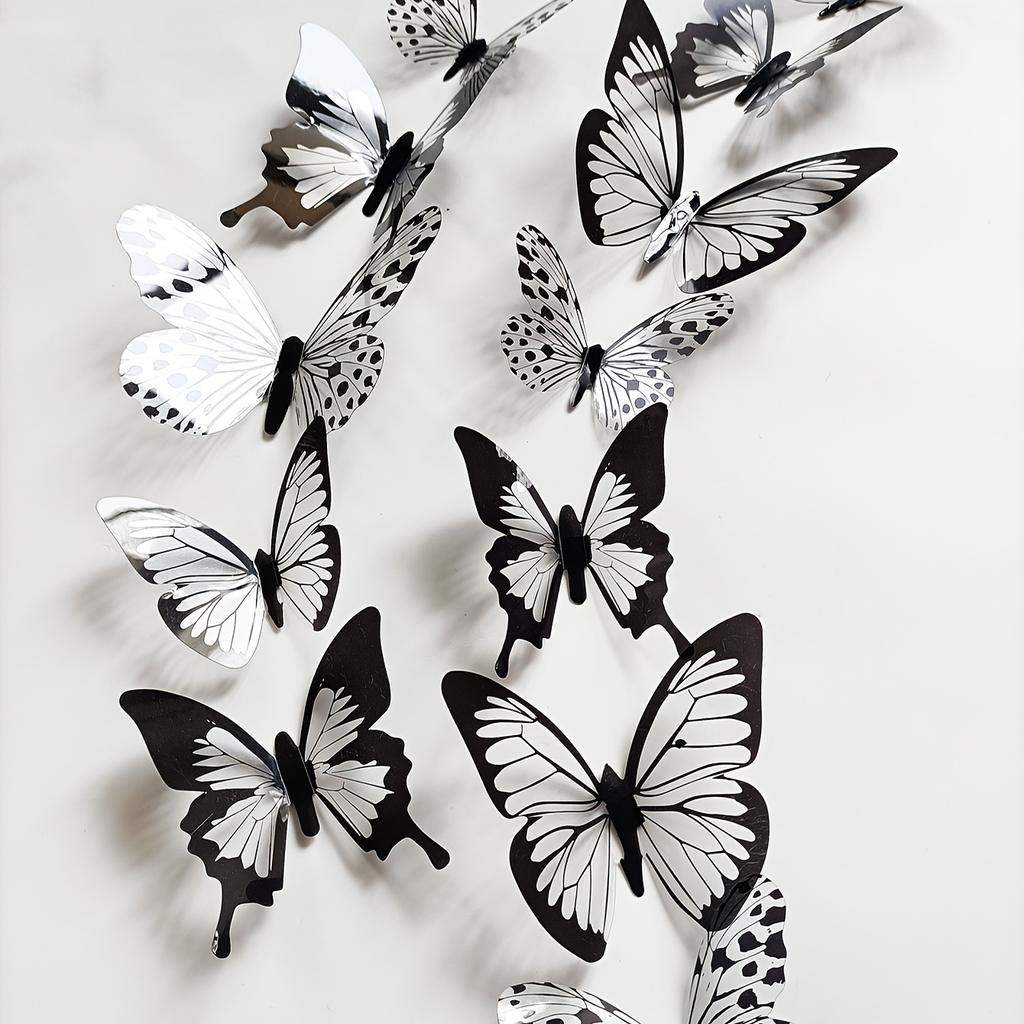 12pcs 3D Simulated Monochrome Butterfly Stickers for Bedroom, Entryway, Living Room, Porch, Home Decoration