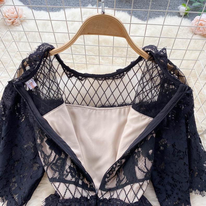 French Sweet Style Y2K Long Dresse Women Vintage Flower Hollow Out Solid Dresses Party Lace High Waist Spring Summer Casual New Clothing