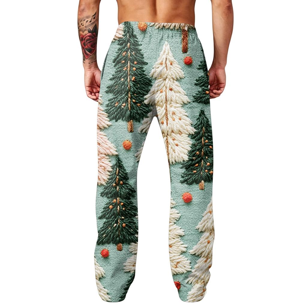 Men's Fashion Casual Loose Fit Wide Leg Christmas Print Sports Pants with Pockets