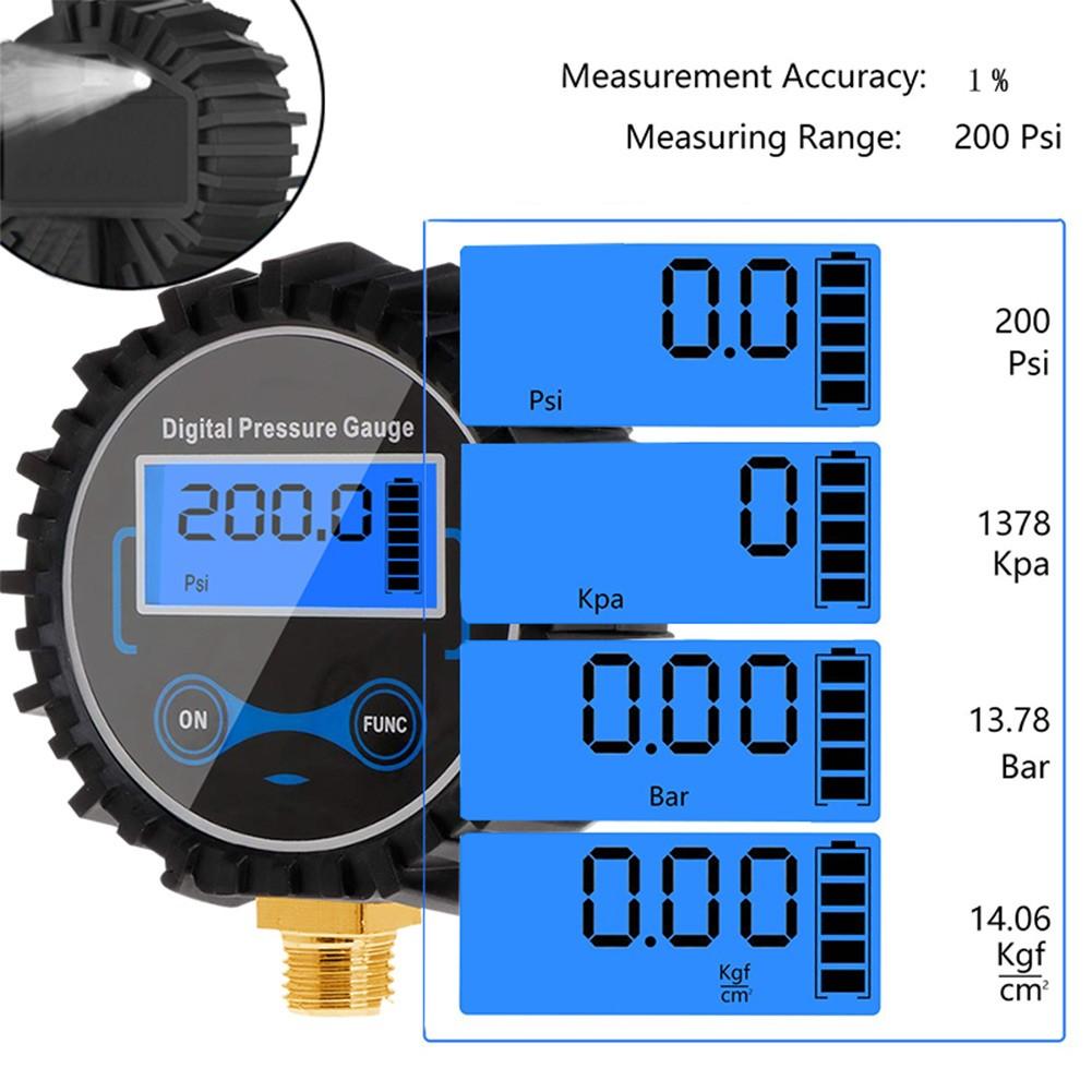 200PSI Digital Tire Pressure Gauge LCD Manometer Pressure Gauge With LED Light