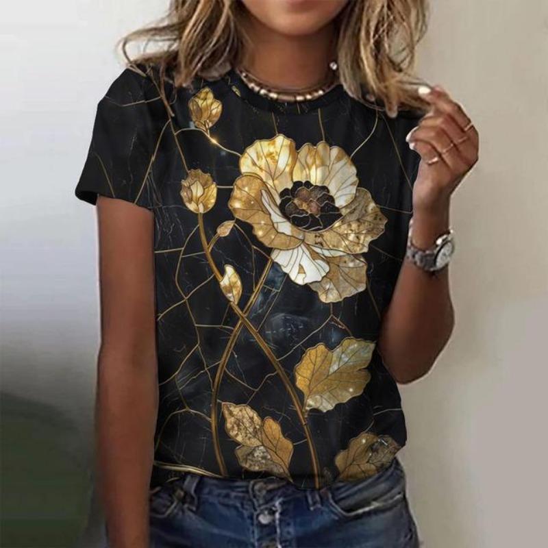 Fashionable 3d Printed Landscape Animal Style Summer Round Neck Short Sleeved Top T-Shirt Casual Versatile Loose Oversized Women