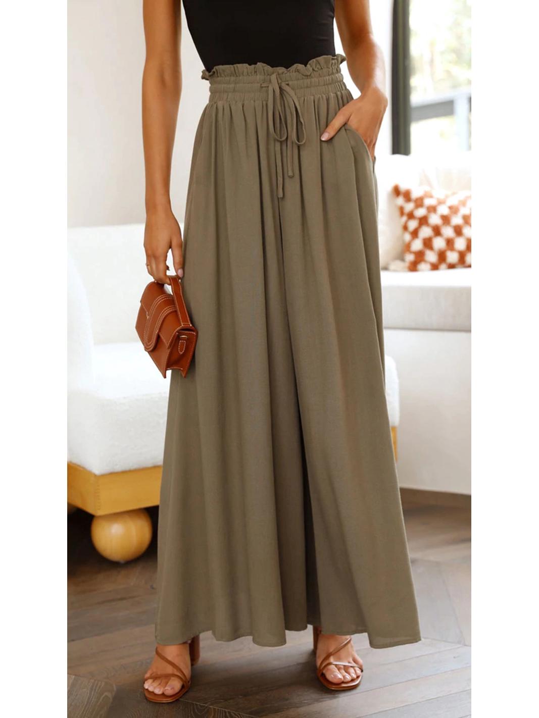 

2025 European & American Women s High-waisted Long Wide-leg Summer Culottes with Elastic Waistband Small льняной/зелёный