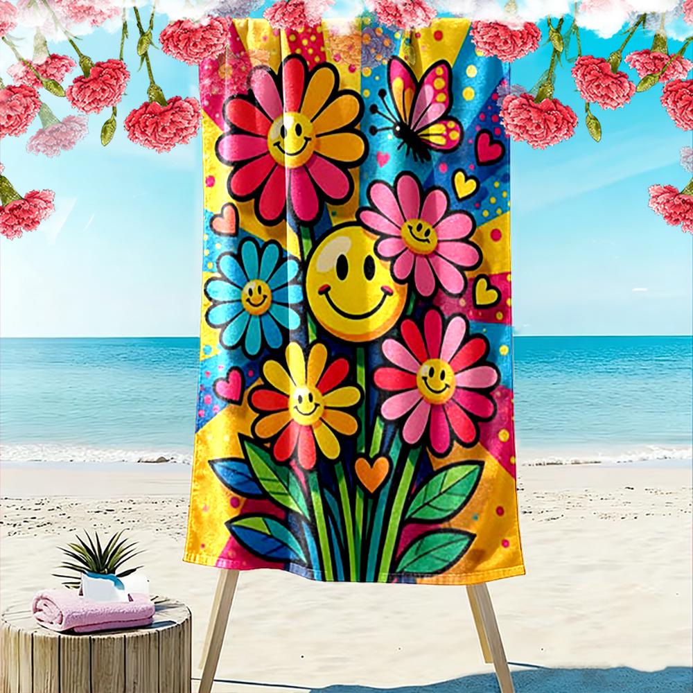 Smiley Flowers and Butterfly Design Beach towel quick-drying for travel outdoor sports jogging beach and swimming