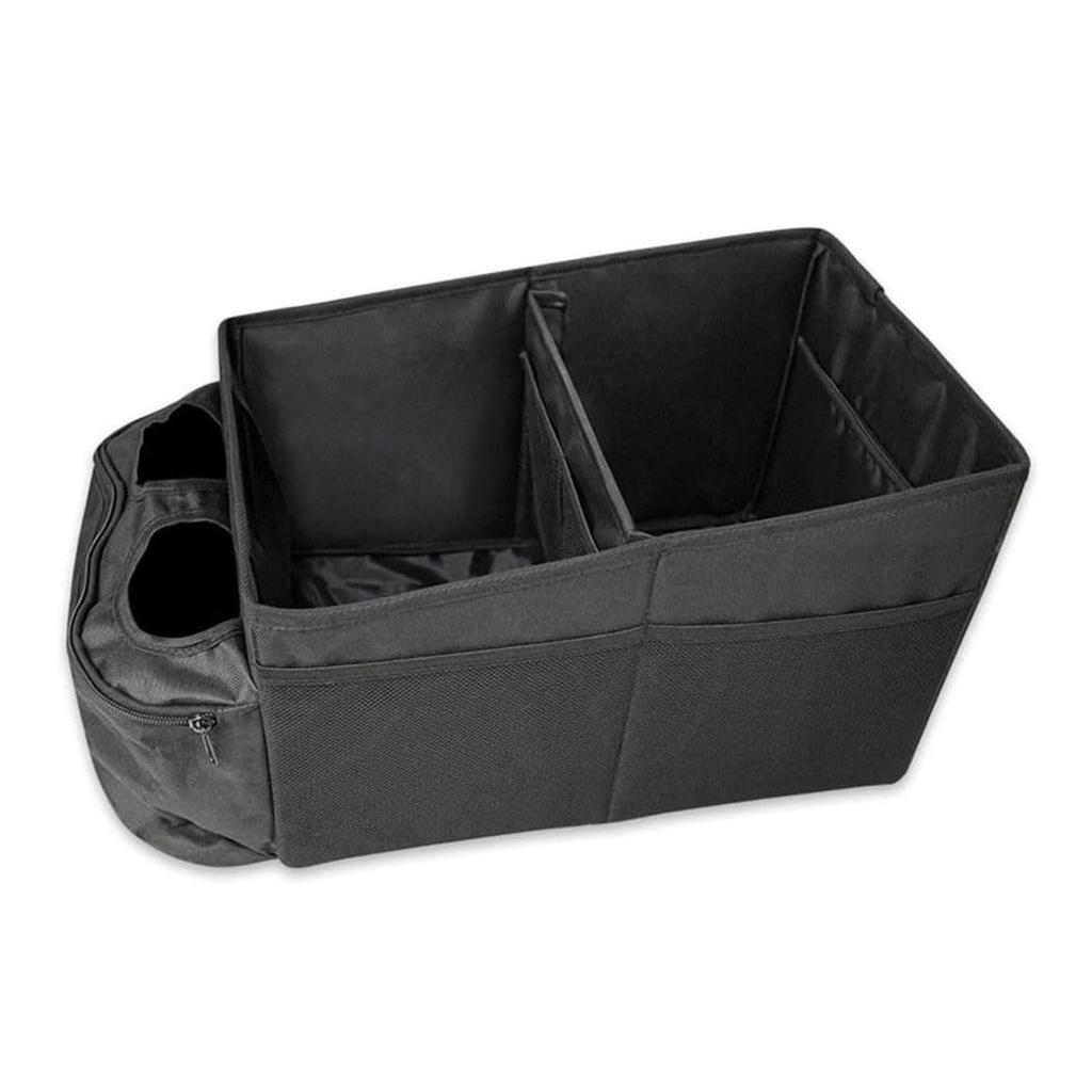 Car Storage Box With Dividers And Cup Holders For Front Or Rear Seats, Foldable Design For Easy Storage And Improved Vehicle Organization