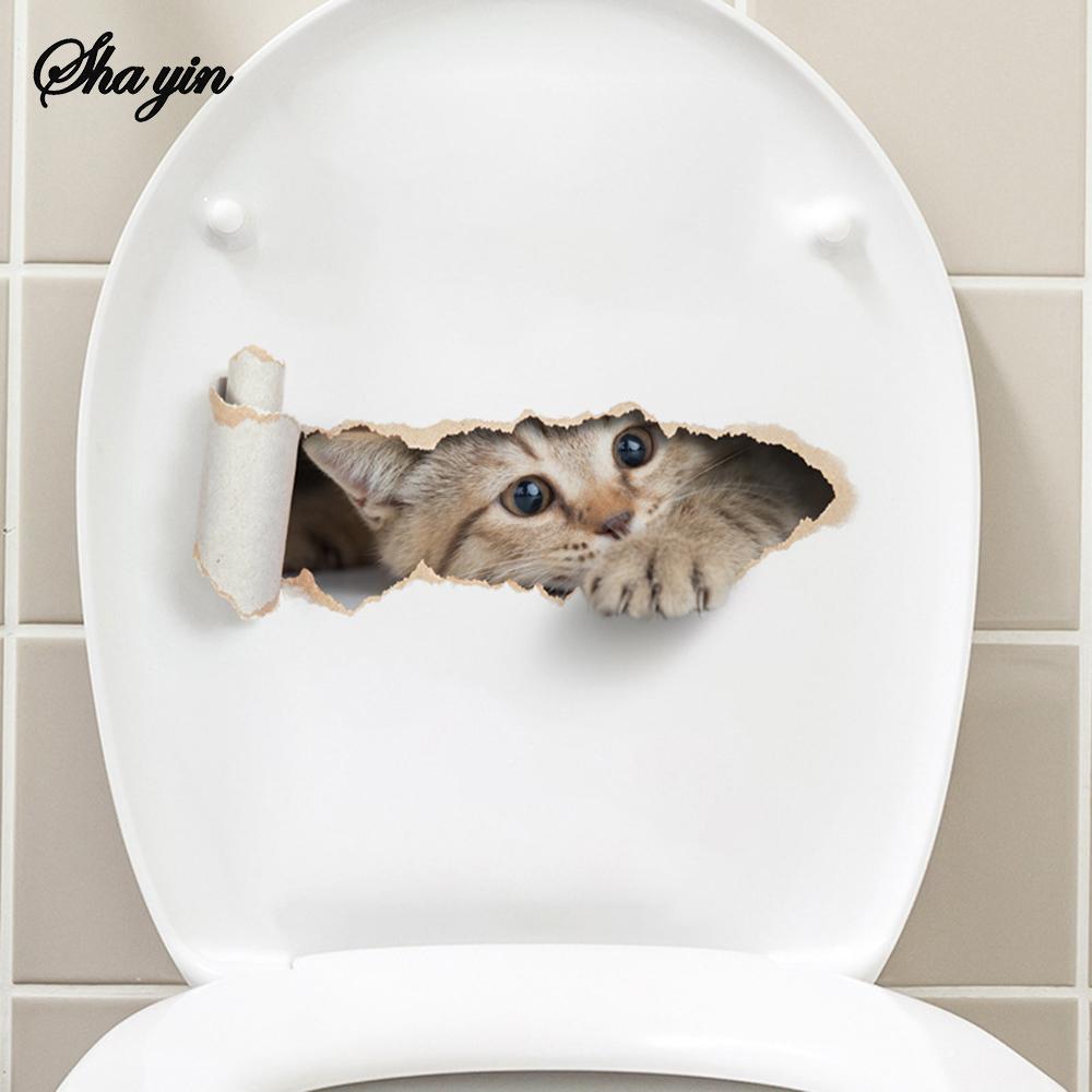 Cartoon Hole Breaking Cat Toilet Sticker, Bathroom Beautification Decoration Toilet Cover Waterproof Sticker