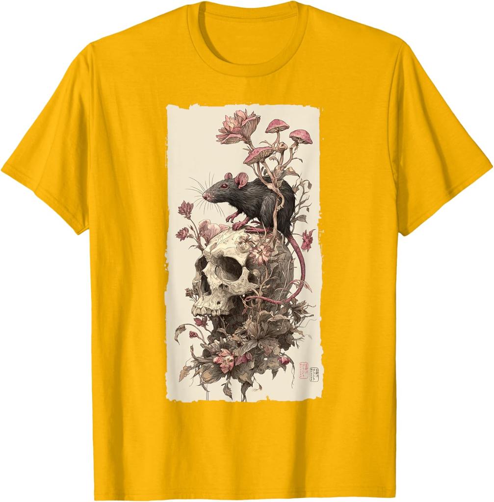 Gothic Rat Skull Mushroom Print Mens Casual Cotton Graphic Tee Soft Breathable TShirt