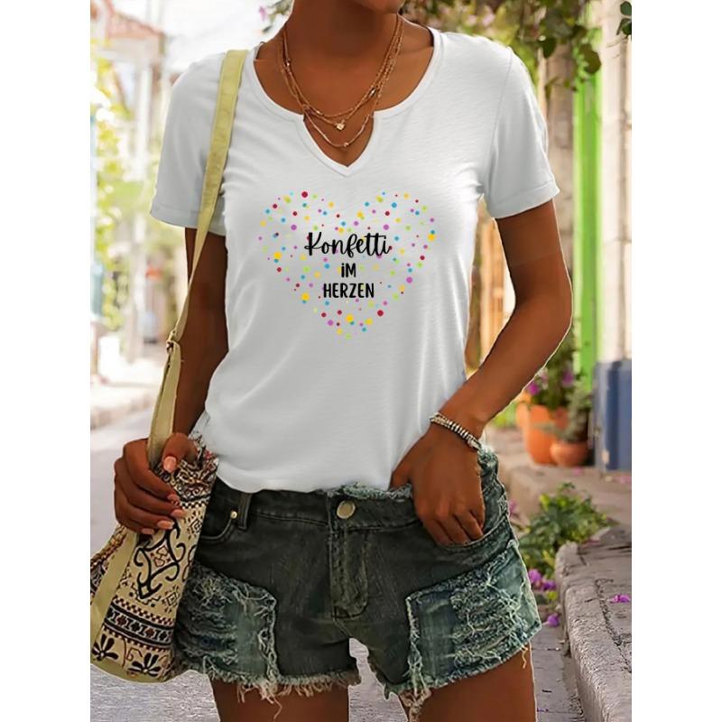 Women's V-Neck "Konfetti im Herzen" Graphic Tee, Colorful Heart Confetti Print T-Shirt, Casual Short Sleeve Festival Fashion Top