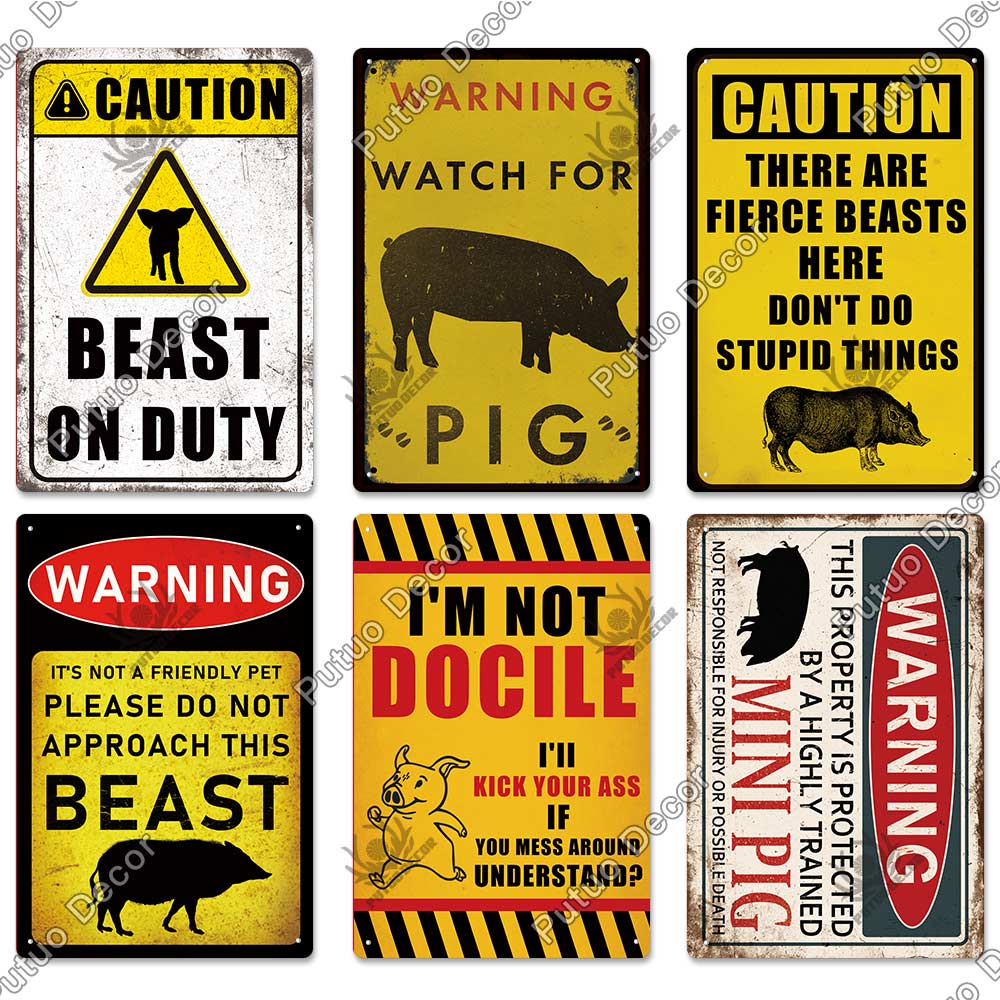Putuo Decor Warning Tin Sign Vintage Metal Sign Pig Caution Plate Warning Decorative for Zoo Piggy Farm House Wall Decor
