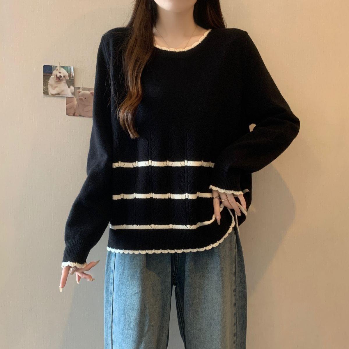 Plus Size Cutout Color Block Round Neck Long Sleeve Sweater - Autumn/Winter Stylish Apricot Jumper for Women M [40-50kg] чёрный