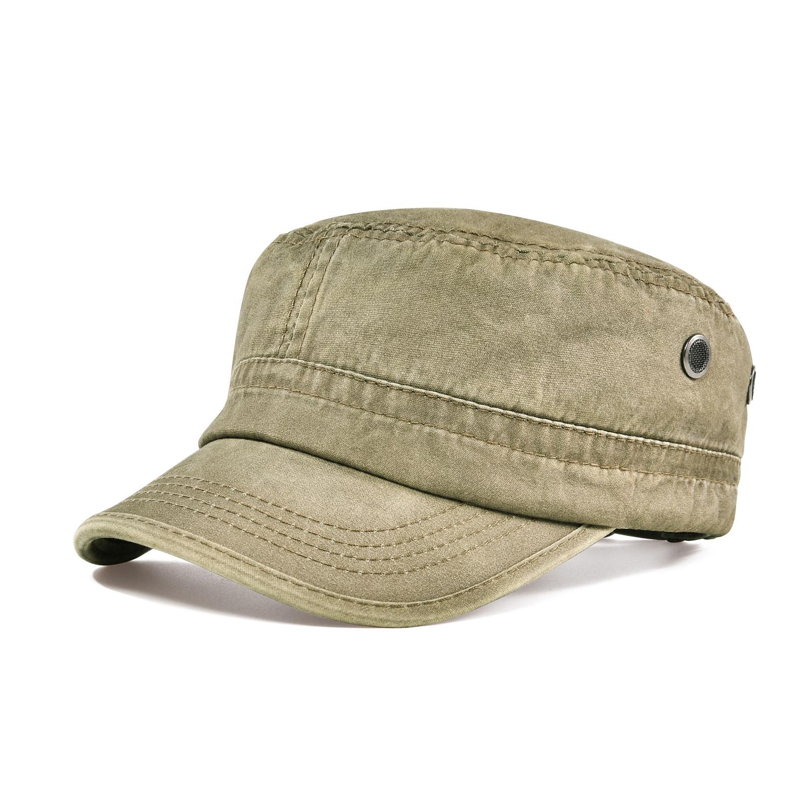 Voboom Gewassen Katoen Militaire Kadet Legerpetten Voor Mannen Uniek Ontwerp Verstelbaar Vintage Platte Petten Met Luchtgaat 58-60cm kaki