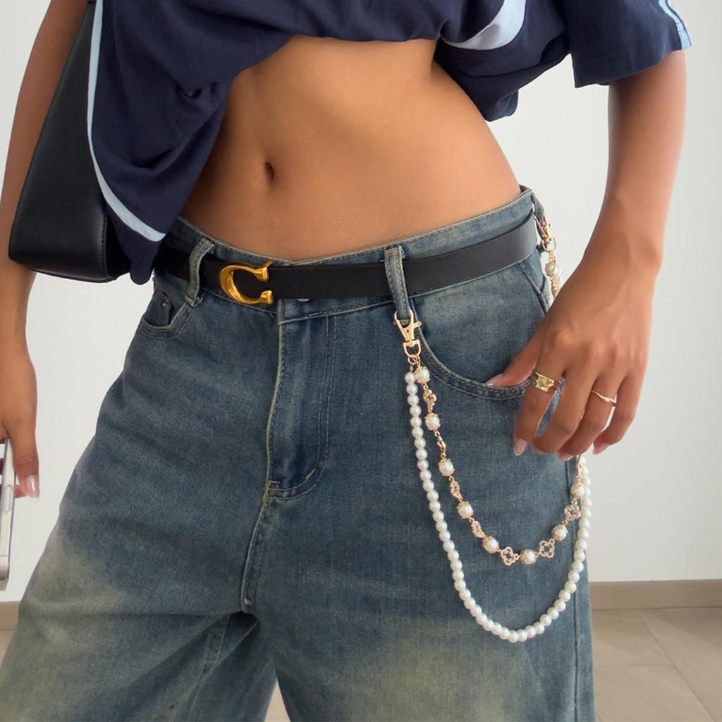 Design Imitation Pearl Flower Chain Trouser Chain, Hip-Hop Color Diamond-Encrusted Cross Waist Chain Pendant