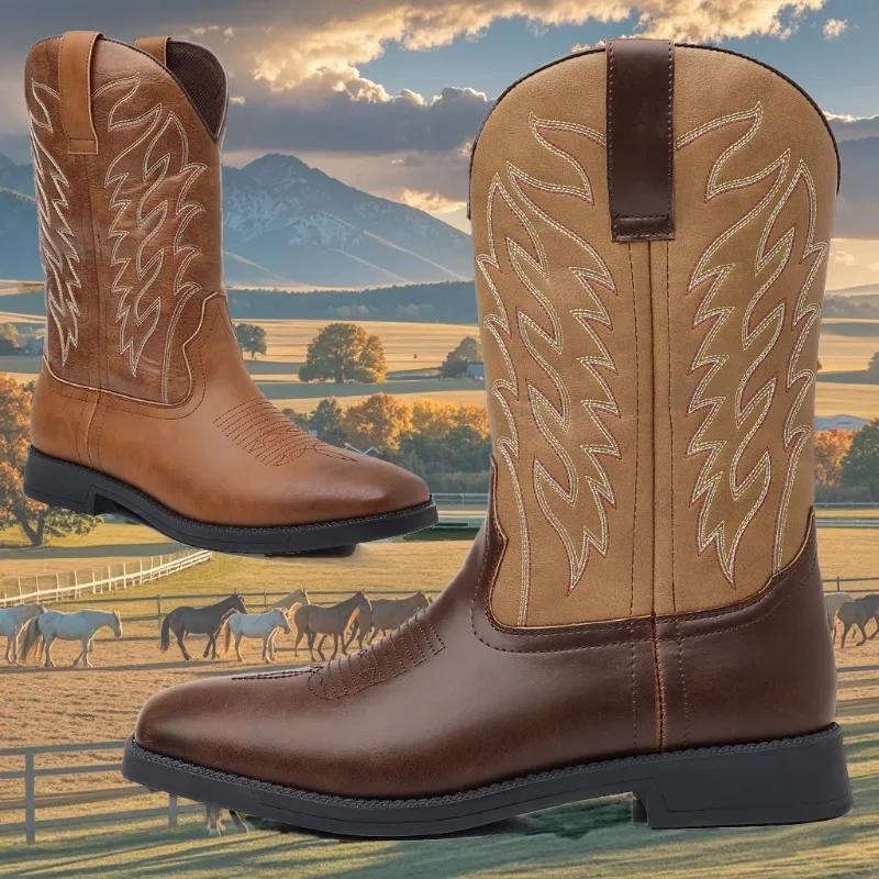 Men's Classic Tall Embroidered Ankle Boots Retro Designed Men Shoes Wide Toe Western Cowboy Boots Pointed Platform Boots for Men