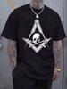 Round Neck Short Sleeve T-shirt with Skull Freemason Logo Print