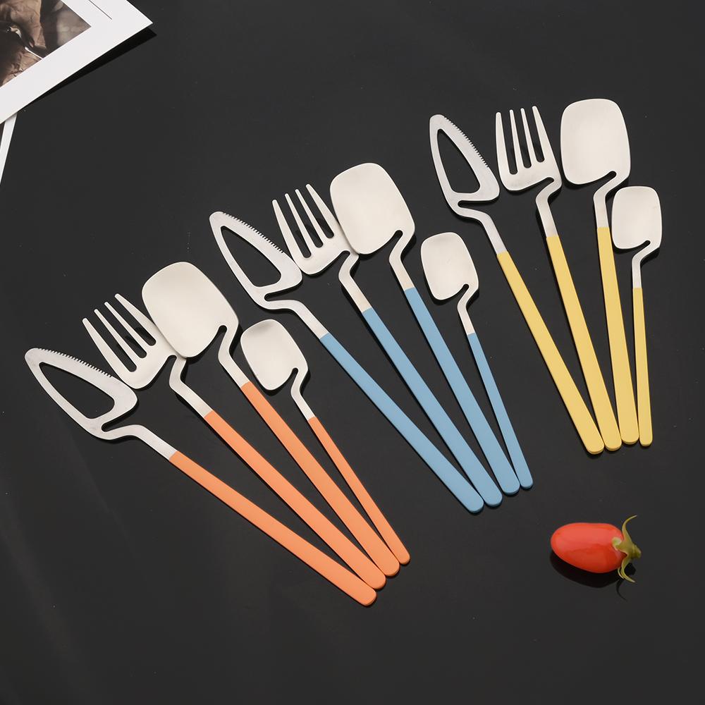4Pcs Blue Silver Stainless Steel Cutlery Set Kitchen Silverware Dinnerware Knife Fork Spoon Flatware Set Brushed Stain Tableware Utensils