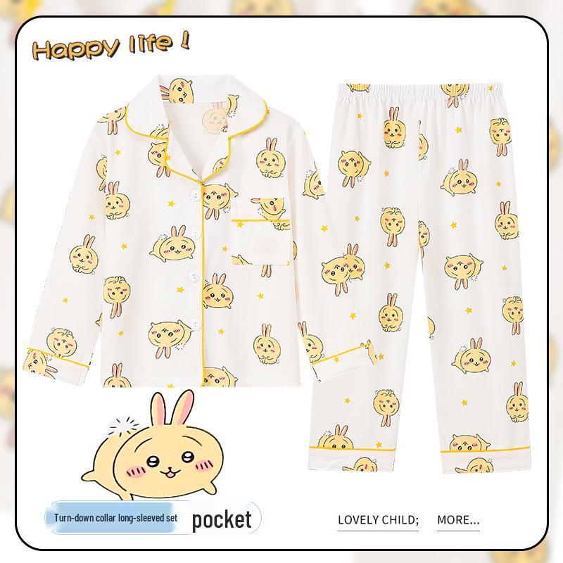 Spring & Autumn Cotton-Feel Girls' Cardigan Pajama Set - Long Sleeve & Pants