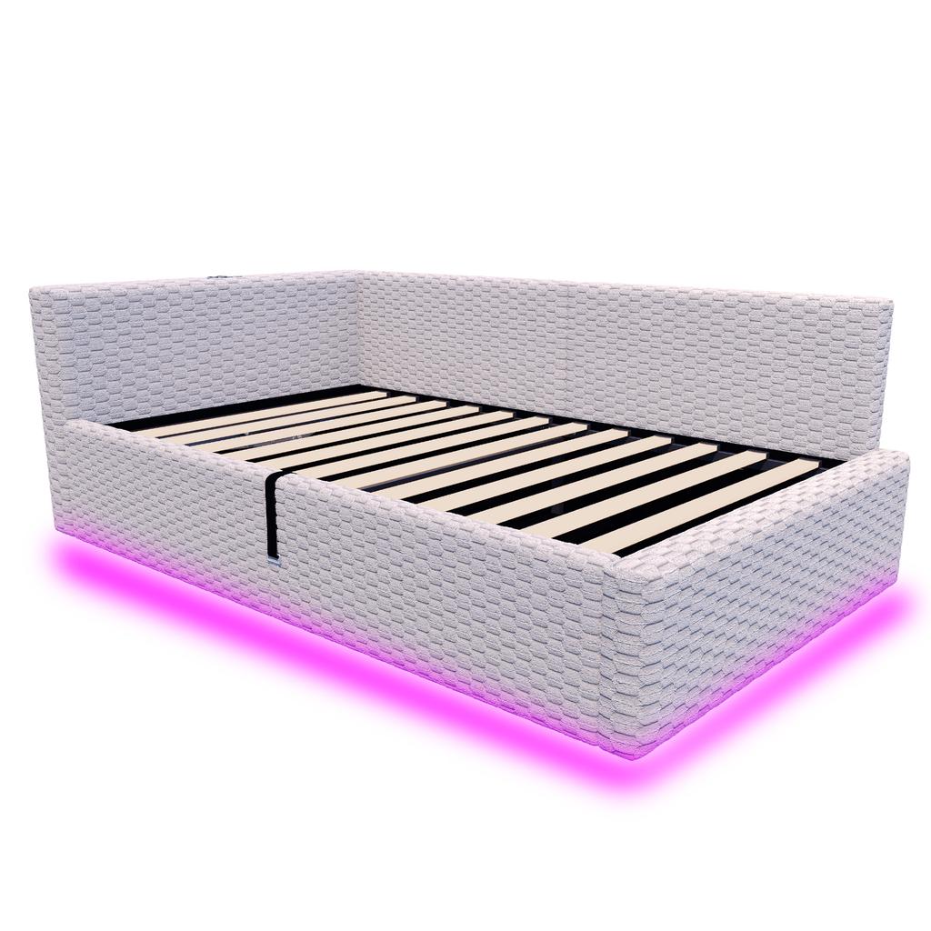 Upholstered Bed 90 X 200 Cm, with LED Lighting, Type-C and Two USB Ports, L-Shaped Backrest, Velvet, Hydraulic Bed Frame, Grey (Mattress Not Included)