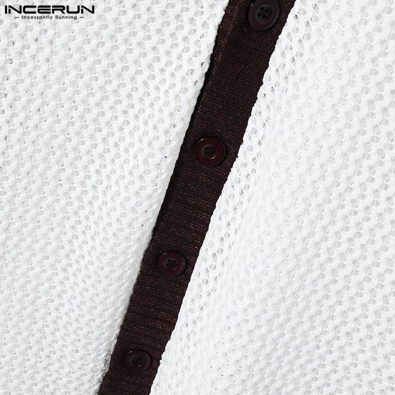 INCERUN Men Summer V Neck Short Sleeve Stitching Hollow Out Patchwork Casual T-shirts Tee