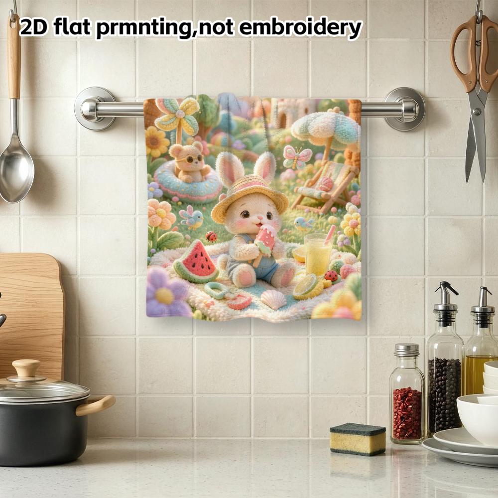 Felt Summer Bunny Picnic Soft Bath Towel, Rainbow Castle Ice Cream Rabbit Absorbent Quick Dry Towel