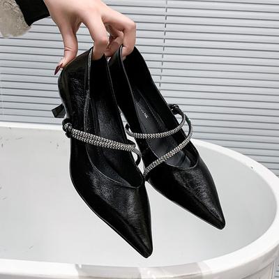 Französischer Strass Temperament Einzelner Schuh Damen Schwarz Spitz Dünner Absatz Flache High Heels Luxus Zapatos De Mujer