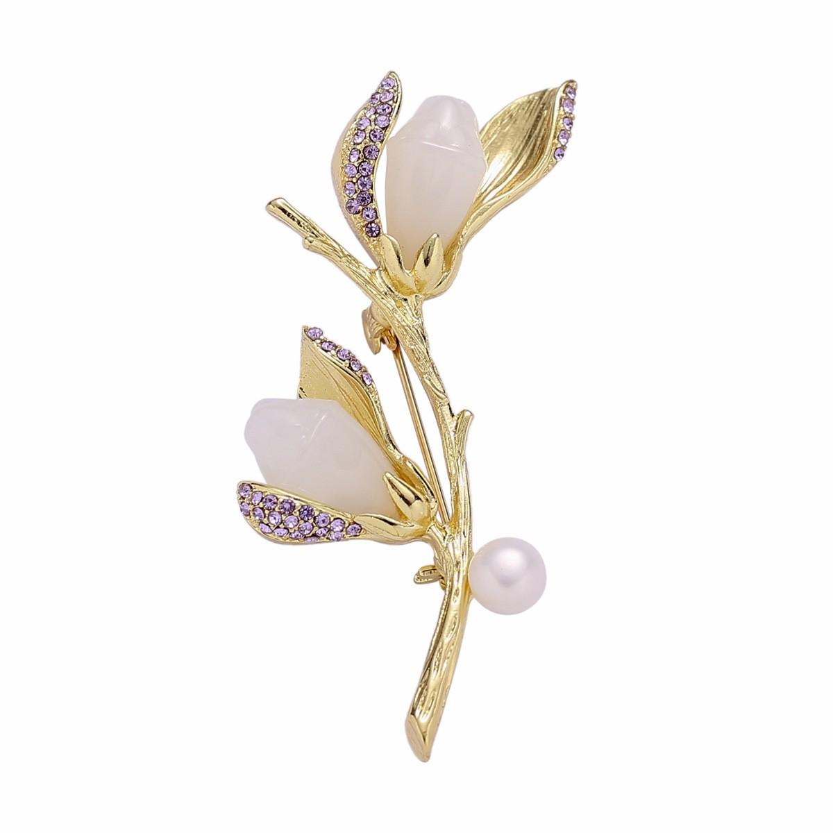 Pre-Owned White Magnolia Brooch with Natural Stone  Freshwater Pearl - Elegant Mother s Day Gift Corsage.