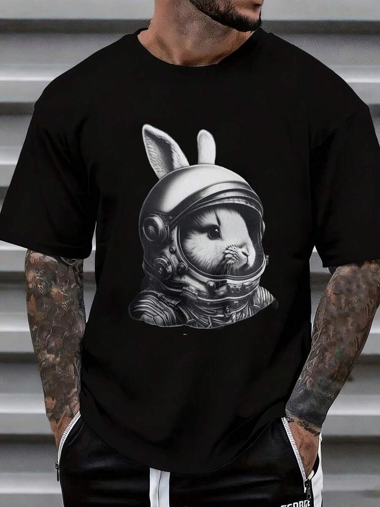 T-shirt Grafica con Coniglio Astronauta Unisex Girocollo Bianco Streetwear Moda T-shirt