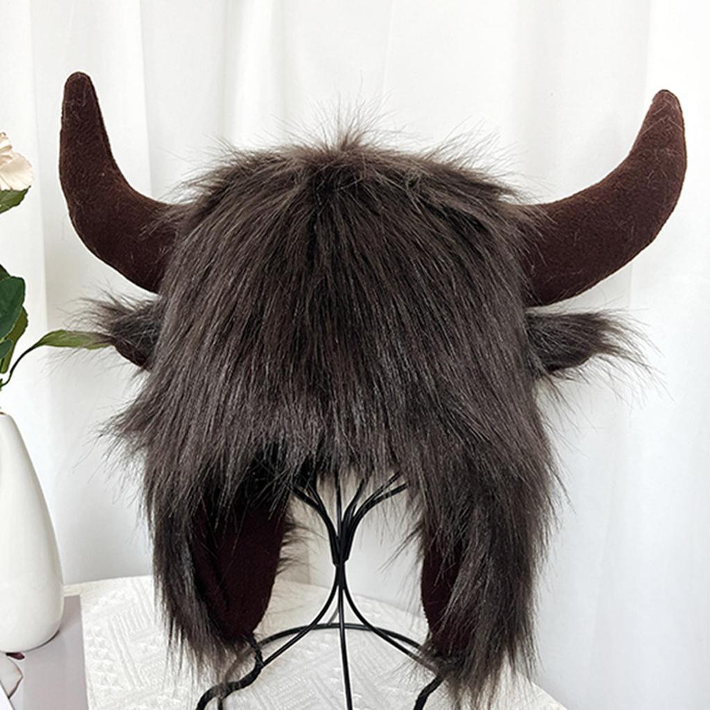 Bison Hat with Horns Plush Earflap Hat with Horns Fluffy Ear Headwear for Halloween Gift for Men and Women for Animal Cosplay