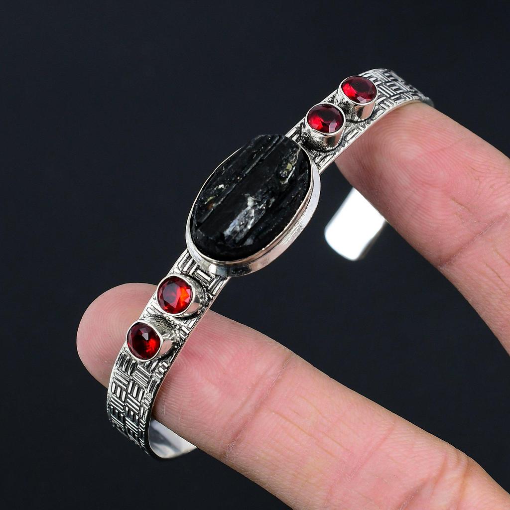 Prata de Lei 925 Oval Turmalina Negra Bruta Granada Pulseira Filha