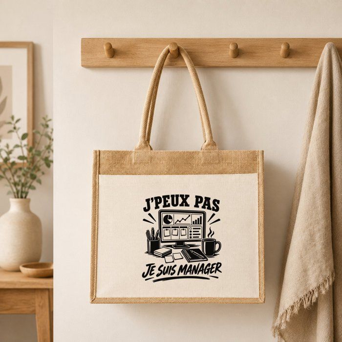 Sac Cabas Jute avec Poche J’peux pas je suis Manager J'peux pas minimaliste | Toile de Jute et Coton 21 L Fond Plat Anses 65 cm