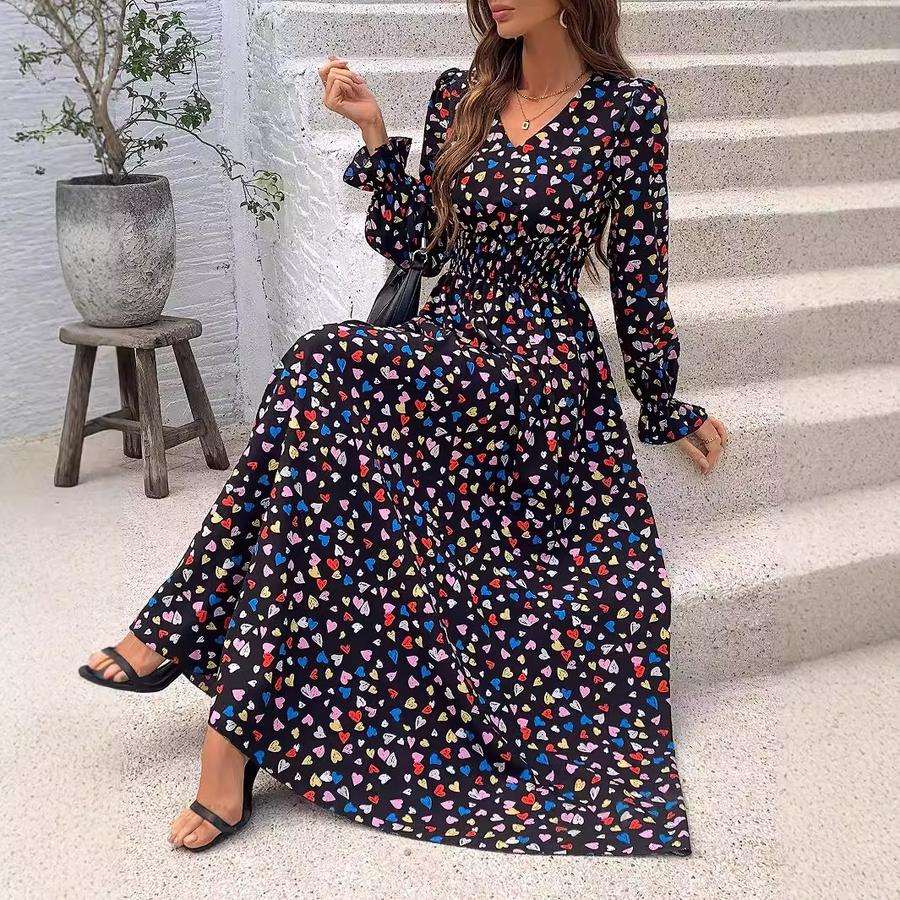 Autumn Sale Women's Printed V-Neck Long Sleeve Maxi Dress