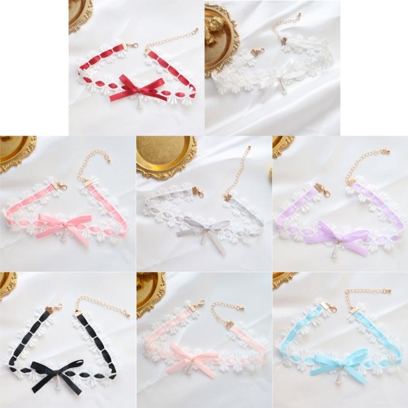 Elegant Lace Collar Necklace Maid Neck Collar Bowknot Lace Choker Necklace Chain Choker Suitable for Cosplay and Parties
