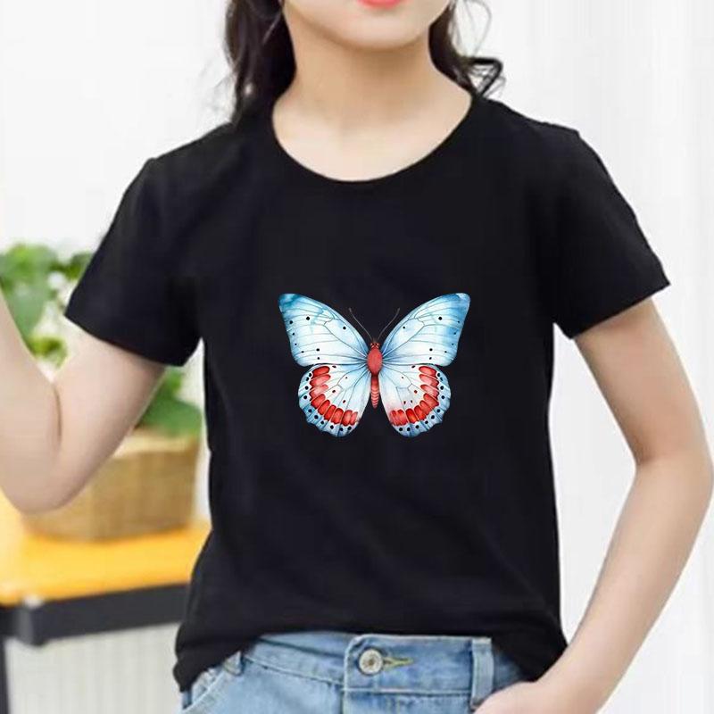 Kids Cotton T Shirt Light Blue And Red Butterfly Print Crew Neck Short Sleeve Tee Casual Boys Girls Summer Tops