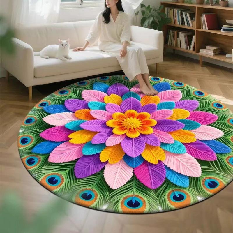 3D Visual Floral Circular Floor Mat, Crystal Velvet Printed Carpet, Home Decoration Living Room Anti-slip and Easy-to-maintain Carpet