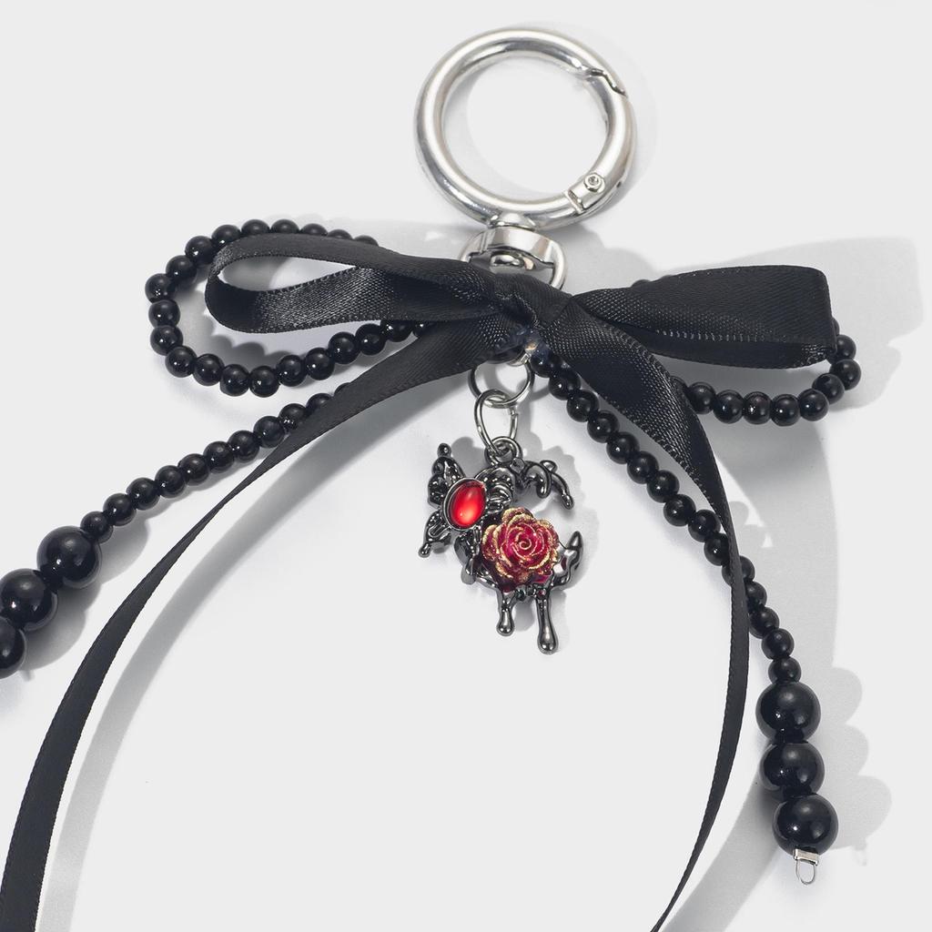 Korean Style Handmade Beaded Ribbon Bow & Rose Pendant Keychain Bag Charm