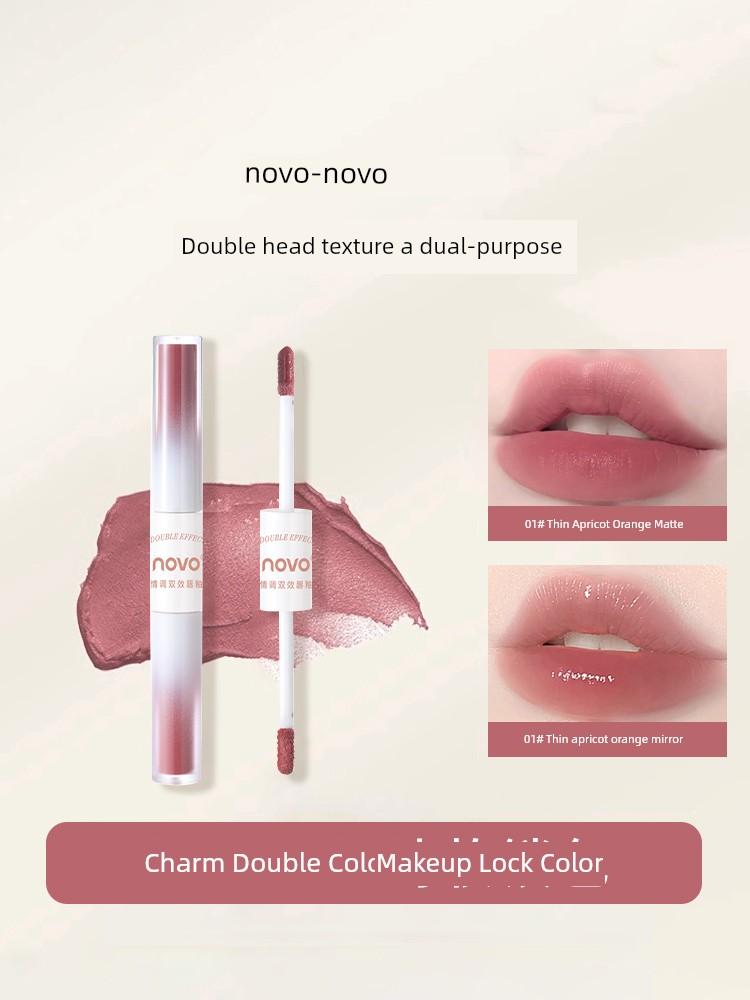Novo Dual-Ended Lip Gloss and Lipstick for Girls, Waterproof Mirror Finish, Natural Look for Students, Dewy Plump Lips